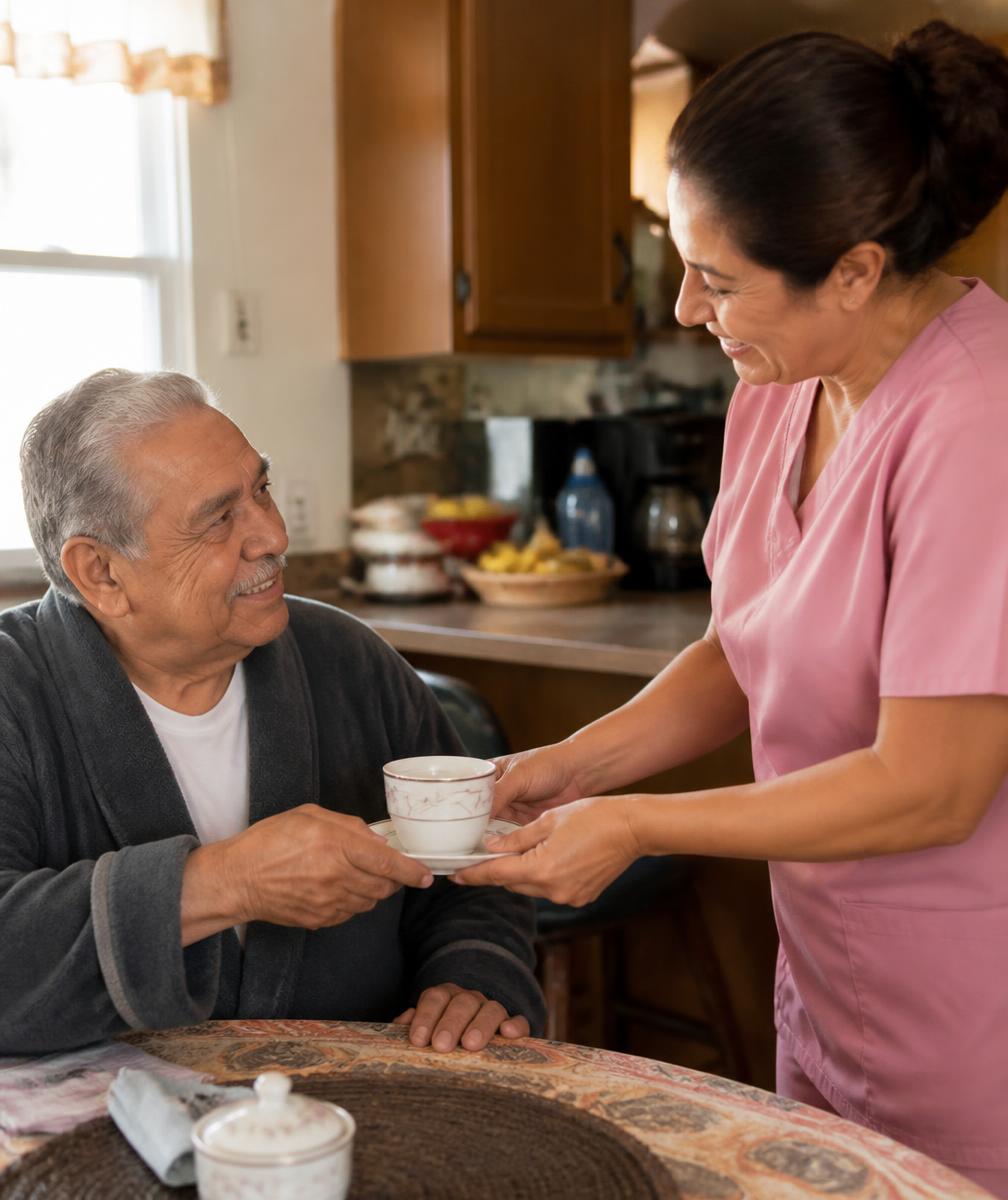 Caregiver handing a cup of tea to an older man in his kitchen