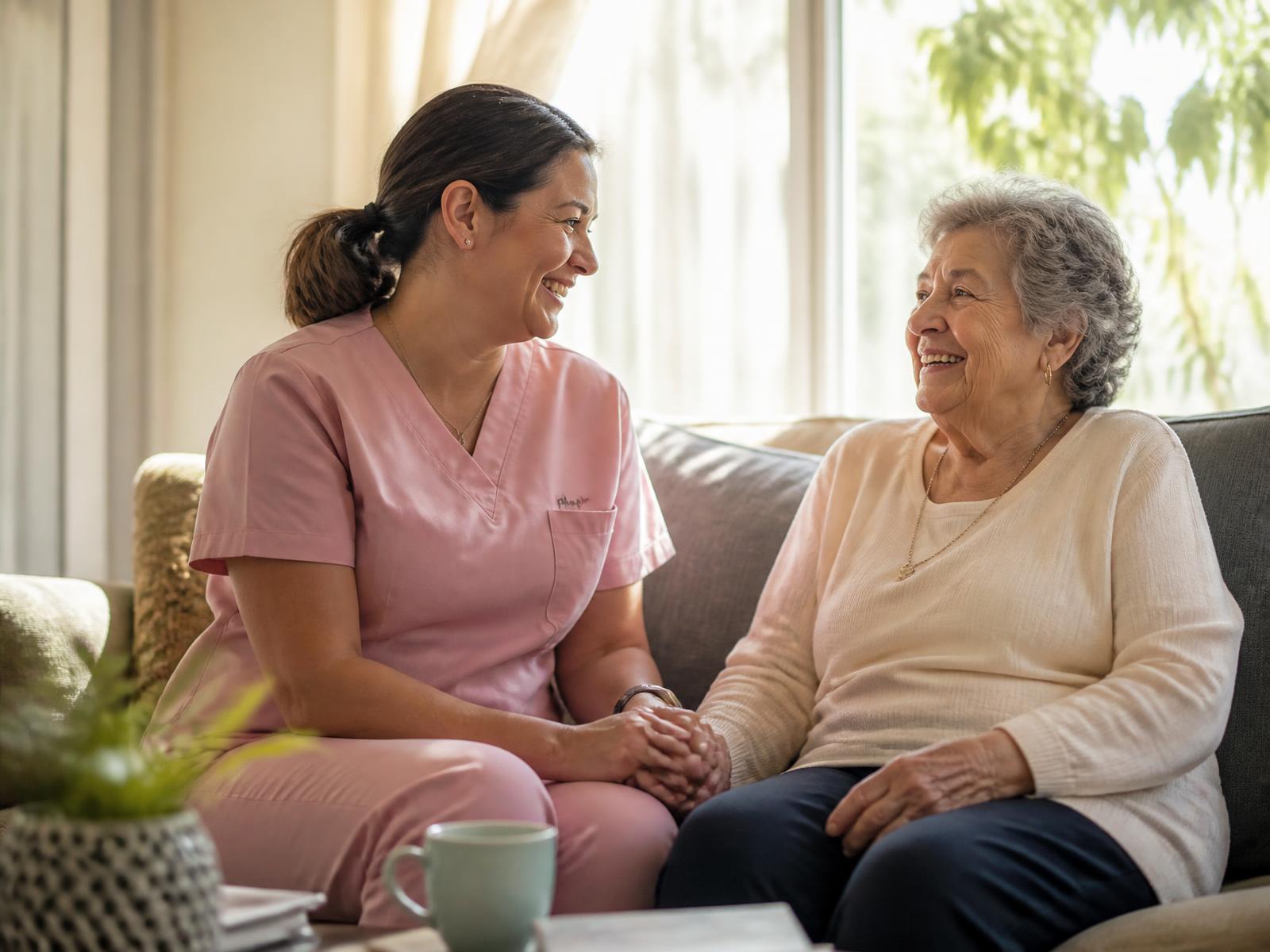 A caregiver in pink scrubs sitting and laughing with an older woman at home